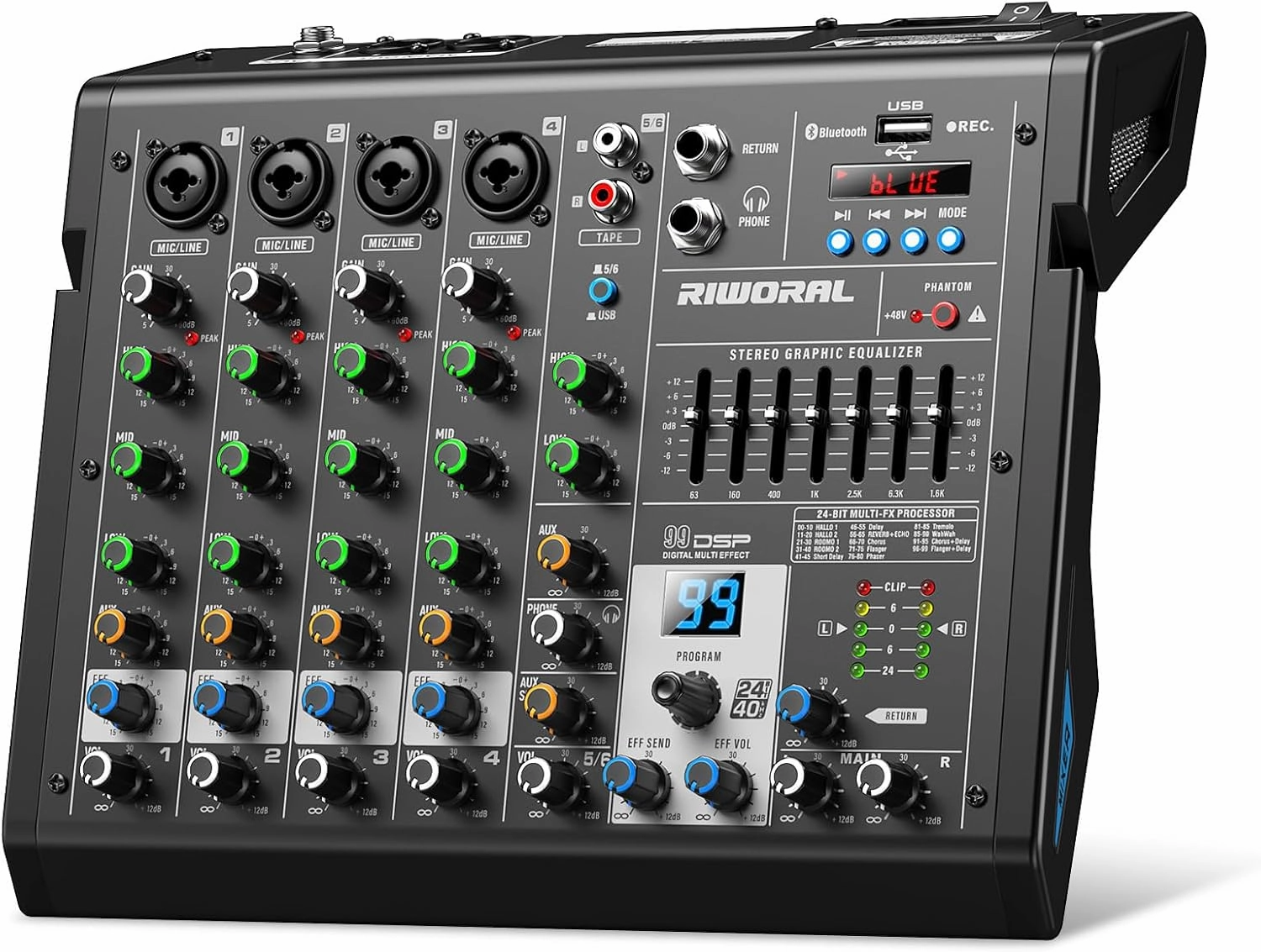 6 Channel Audio Interface Dj Mixer Soundboard Console 99 Dsp Reverb Delay Effect USB Bluetooth Studio Audio Mixer  48V Phantom Bluetooth for Karaoke Streaming Recording, Live Broadcast mixer console,audio mixing desk,DJ console,
