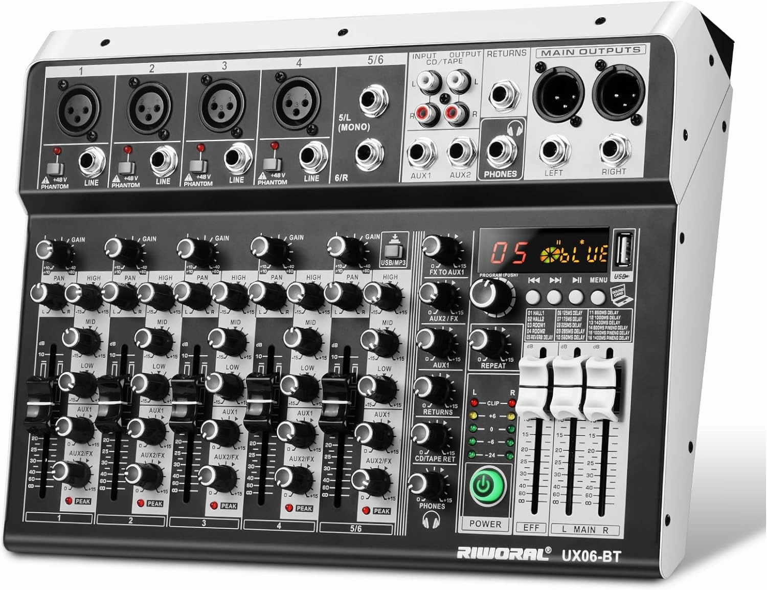 6 Channel Audio Interface Sound Board Mixing Console 16-Bit DSP DJ Mixer Audio Reverb Effect  48V Phantom Bluetooth Studio Audio Mixer For Karaoke Studio Streaming Recording audio interface,USB interface,music recording input,