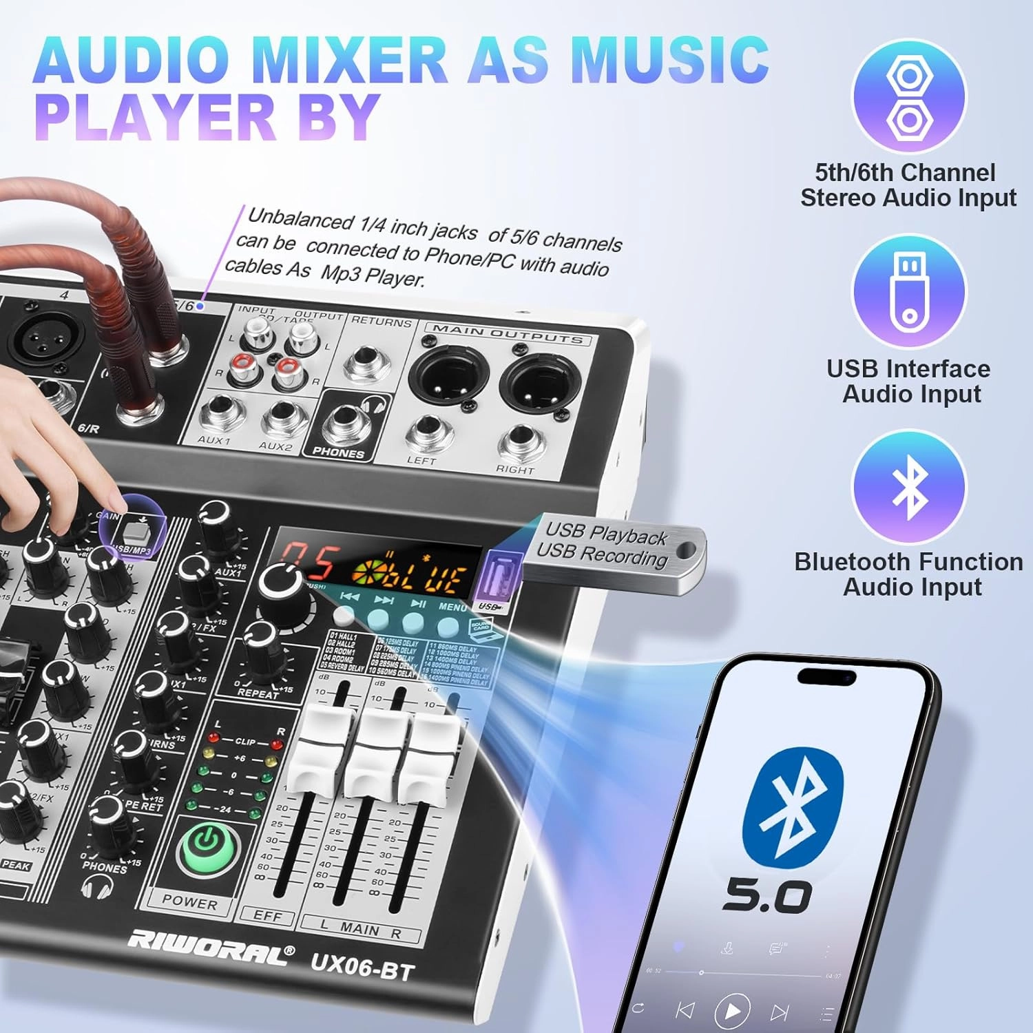 6 Channel Audio Interface Sound Board Mixing Console 16-Bit DSP DJ Mixer Audio Reverb Effect  48V Phantom Bluetooth Studio Audio Mixer For Karaoke Studio Streaming Recording