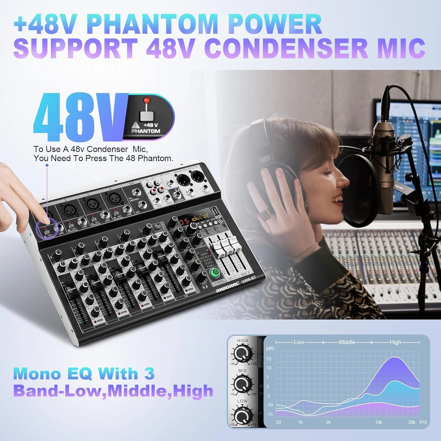 6 Channel Audio Interface Sound Board Mixing Console 16-Bit DSP DJ Mixer Audio Reverb Effect  48V Phantom Bluetooth Studio Audio Mixer For Karaoke Studio Streaming Recording