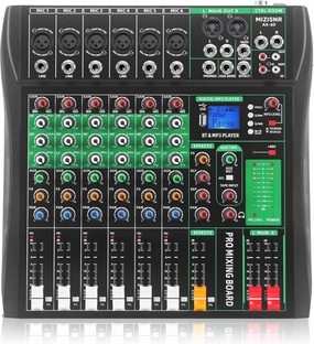 6 Channel Audio Mixer, Professional DJ Mixer Board Sound Music Mixing Console Digital Mixer with Reverb, Bluetooth, USB Port, 48V Phantom Power for Recording Karaoke Podcasting mixer console,audio mixing desk,DJ console,