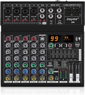 6 Channel DJ Mixer, Professional Audio Mixer, Metal, DSP 99 Preset Effects, Bluetooth Sound Board, 48V Phantom Power, Black USB Xlr Music Streaming Mini Mixing Console, Pa Mixer for PC, Podcast mixer console,audio mixing desk,DJ console,