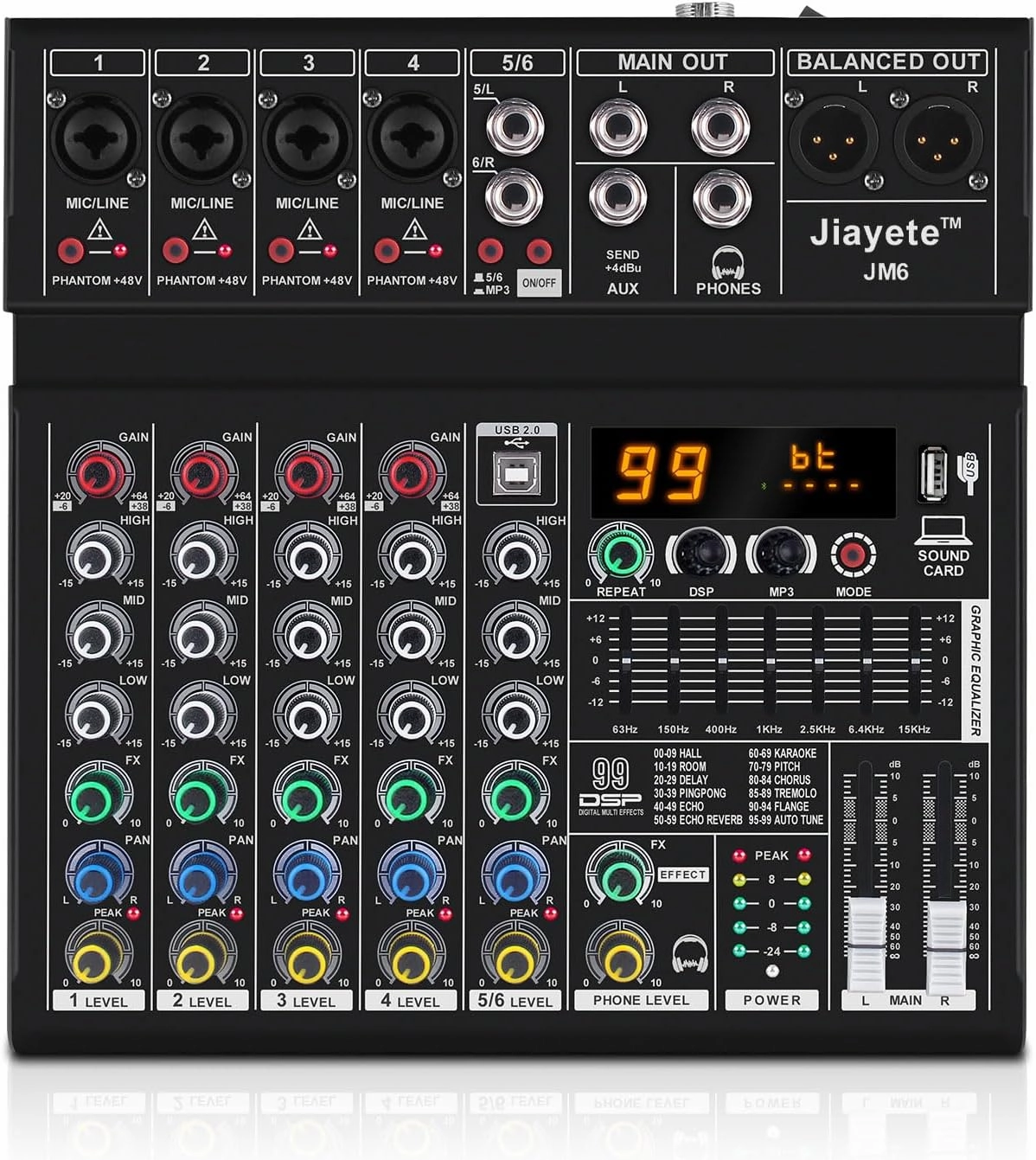 6 Channel DJ Mixer, Professional Audio Mixer, Metal, DSP 99 Preset Effects, Bluetooth Sound Board, 48V Phantom Power, Black USB Xlr Music Streaming Mini Mixing Console, Pa Mixer for PC, Podcast mixer console,audio mixing desk,DJ console,