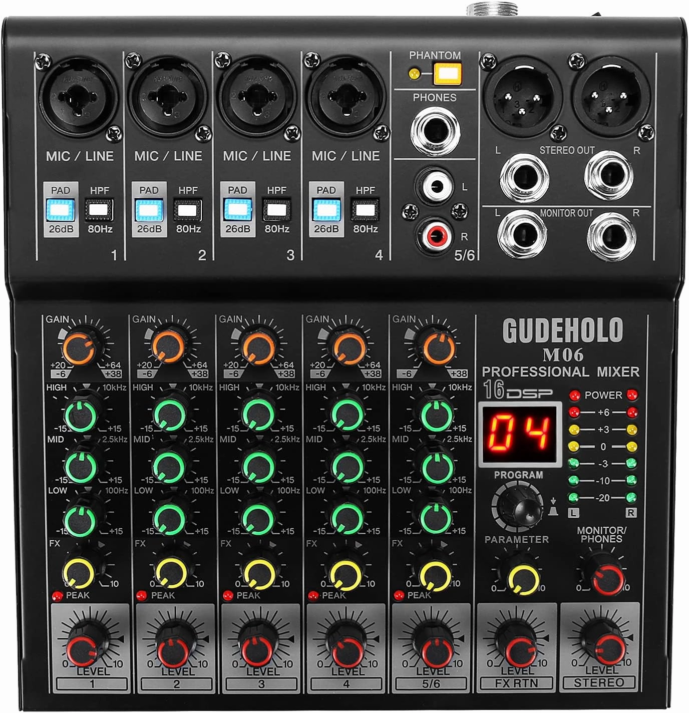 6-Channel Professional DJ Audio Mixer, DJ Controller Sound Mixer DSP 16 Preset Effects, Ideal for Home Party and Karaoke mixer console,audio mixing desk,DJ console,