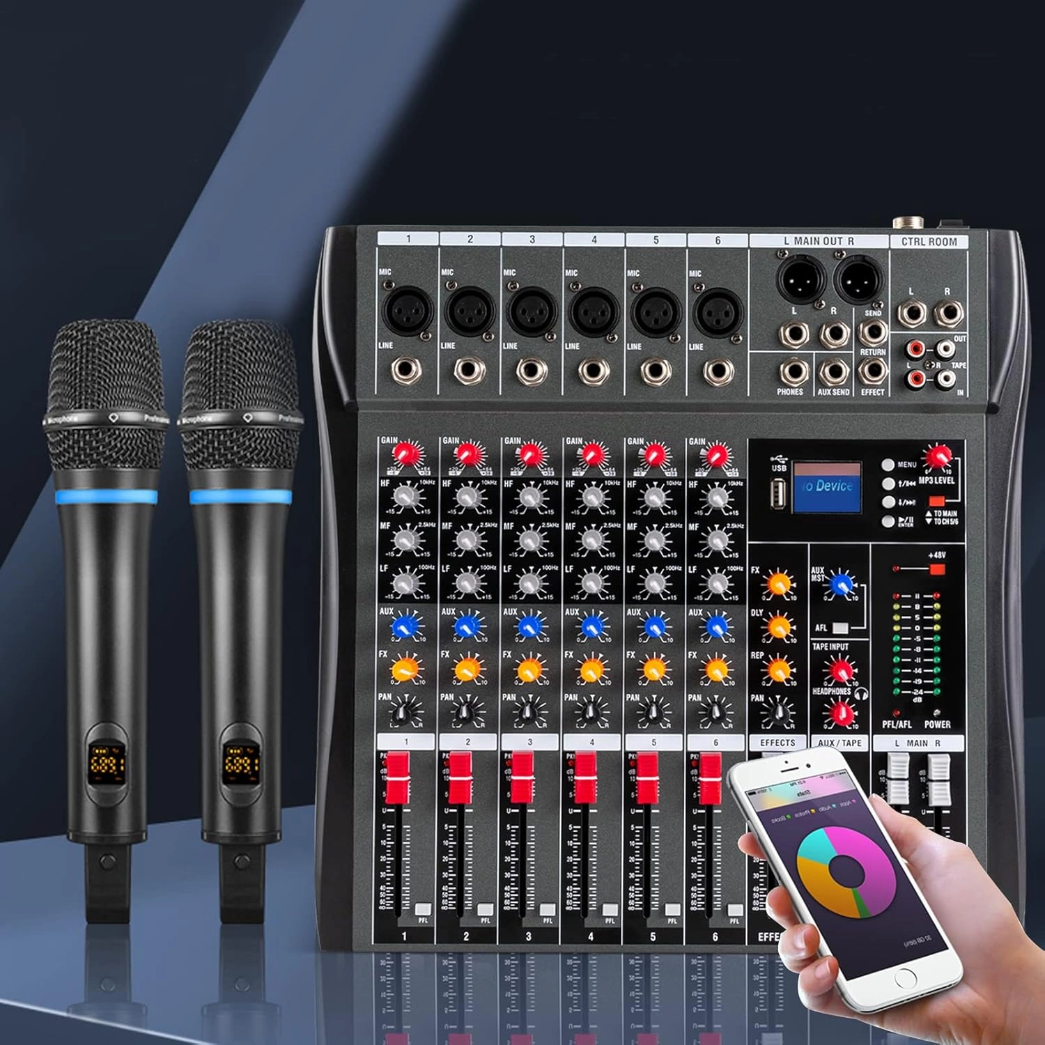 6 Channel Professional DJ Audio Mixer Sound Board Console Interface Digital Bluetooth Computer Input 48V Phantom Power Stereo DJ Studio Streaming for Recording, Podcasting