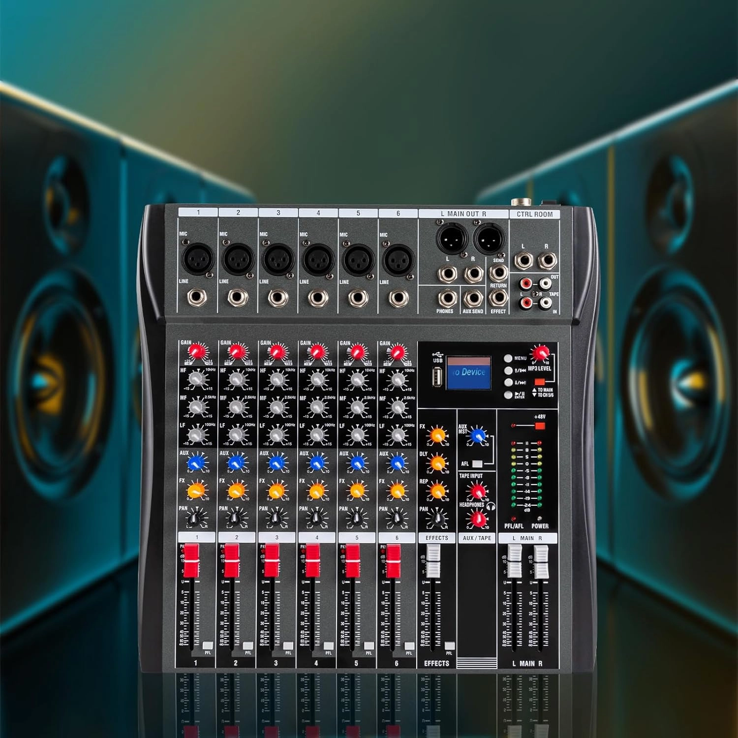 6 Channel Professional DJ Audio Mixer Sound Board Console Interface Digital Bluetooth Computer Input 48V Phantom Power Stereo DJ Studio Streaming for Recording, Podcasting