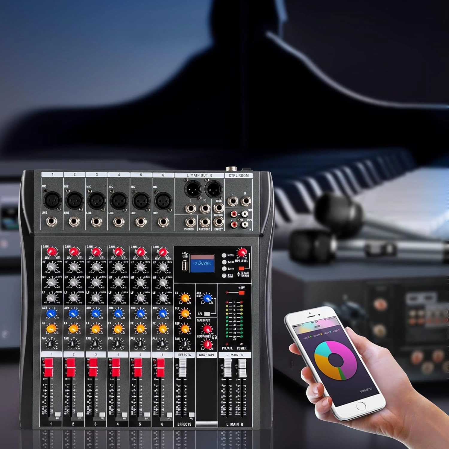 6 Channel Professional DJ Audio Mixer Sound Board Console Interface Digital Bluetooth Computer Input 48V Phantom Power Stereo DJ Studio Streaming for Recording, Podcasting
