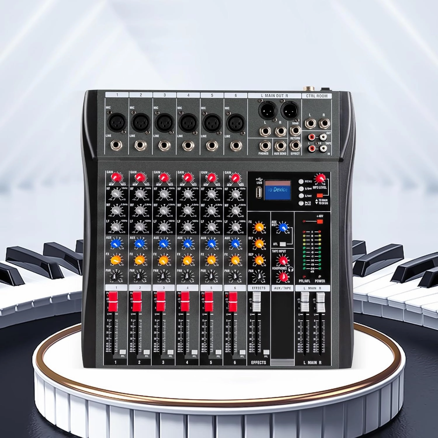 6 Channel Professional DJ Audio Mixer Sound Board Console Interface Digital Bluetooth Computer Input 48V Phantom Power Stereo DJ Studio Streaming for Recording, Podcasting