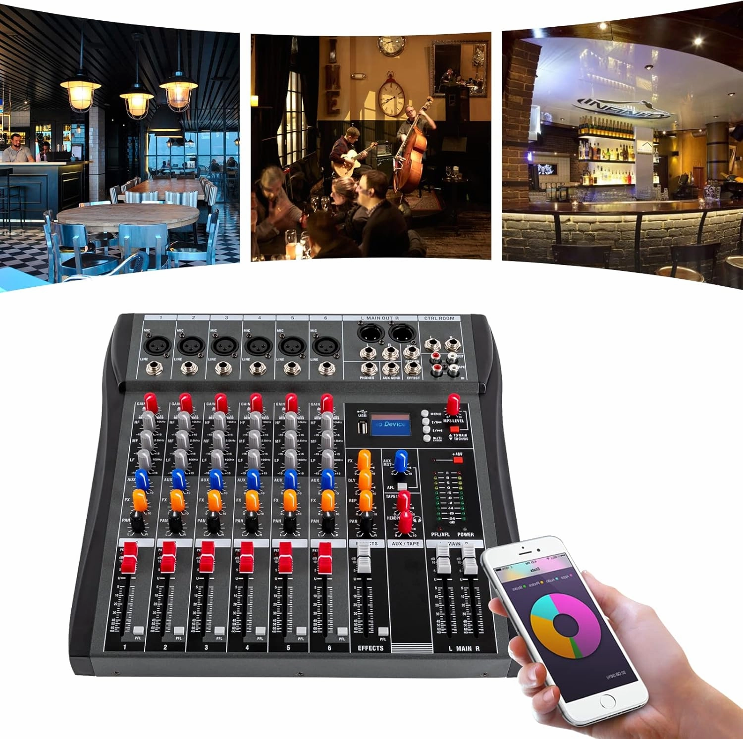 6 Channel Professional DJ Audio Mixer Sound Board Console Interface Digital Bluetooth Computer Input 48V Phantom Power Stereo DJ Studio Streaming for Recording, Podcasting