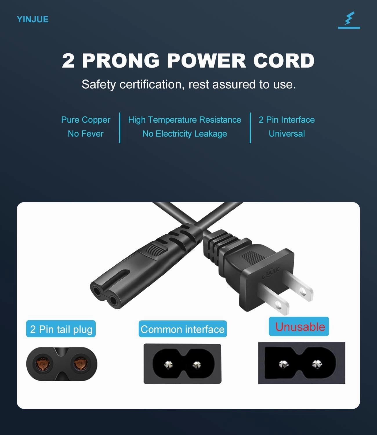 6 FT AC Power Cord Universal 2 Prong Power CableSee Details for More Compatible Device Models