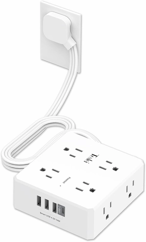 6 Ft Flat Extension Cord, Tcstei Ultra-Thin Flat Plug Surge Protector Power Strip, 3-Sided Outlet Extender, 8 AC Outlets and 4 USB Ports(1 USB C) for Home, Office, Dorm Room Essentials, ETL, White power cord,hi-fi power cable,AC power lead,