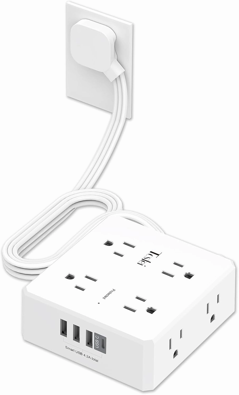 6 Ft Flat Extension Cord, Tcstei Ultra-Thin Flat Plug Surge Protector Power Strip, 3-Sided Outlet Extender, 8 AC Outlets and 4 USB Ports(1 USB C) for Home, Office, Dorm Room Essentials, ETL, White power cord,hi-fi power cable,AC power lead,