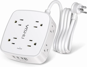 6 Ft Surge Protector Power Strip - 8 Widely Outlets with 4 USB Ports, 3 Side Outlet Extender with 6 Feet Extension Cord, Flat Plug, Wall Mount, Desk USB Charging Station, ETL,White power cord,hi-fi power cable,AC power lead,