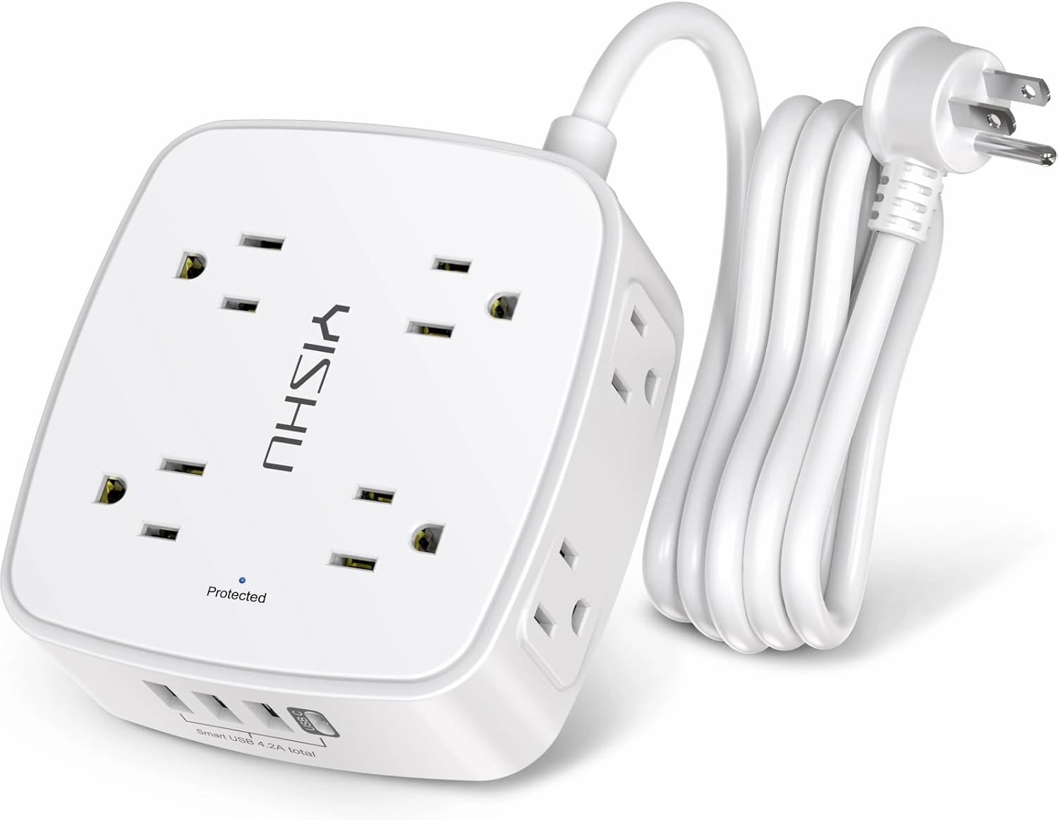 6 Ft Surge Protector Power Strip - 8 Widely Outlets with 4 USB Ports, 3 Side Outlet Extender with 6 Feet Extension Cord, Flat Plug, Wall Mount, Desk USB Charging Station, ETL,White power cord,hi-fi power cable,AC power lead,