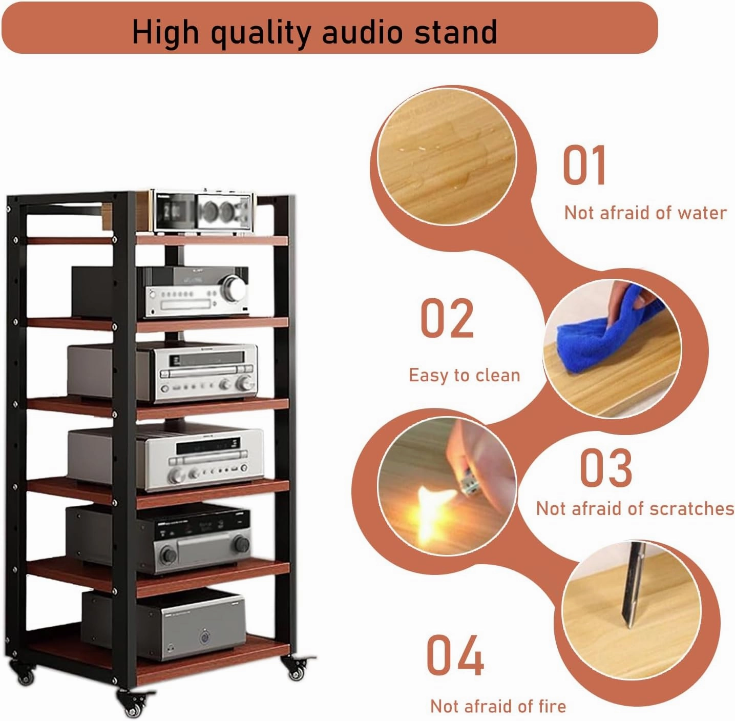 6 Tier Audio Rack Tower, CD Record Player Stereo Receiver AV Equipment Cabinet Display Rack, Weight capacity 661 lbs, with Adjustable Wooden Shelves for Home (TEAKWOOD, 6 TIER 4719.715.7IN)