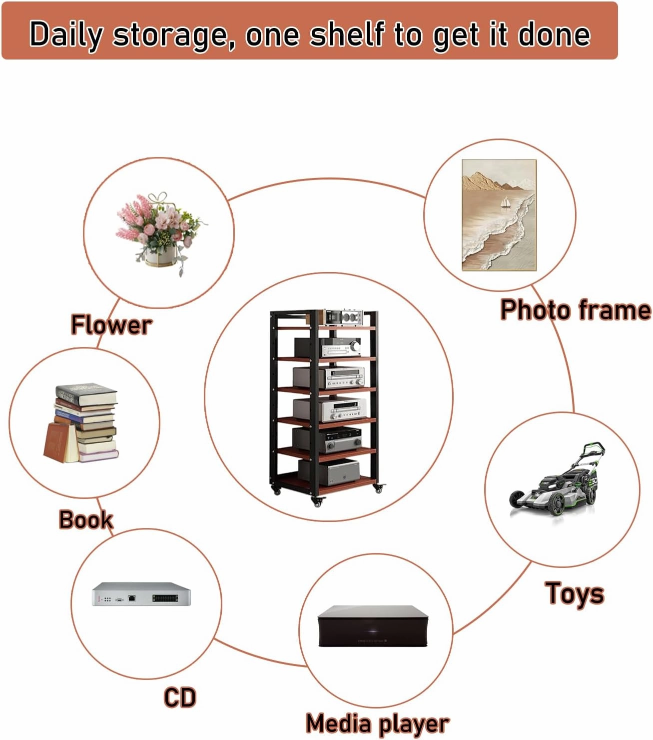 6 Tier Audio Rack Tower, CD Record Player Stereo Receiver AV Equipment Cabinet Display Rack, Weight capacity 661 lbs, with Adjustable Wooden Shelves for Home (TEAKWOOD, 6 TIER 4719.715.7IN)