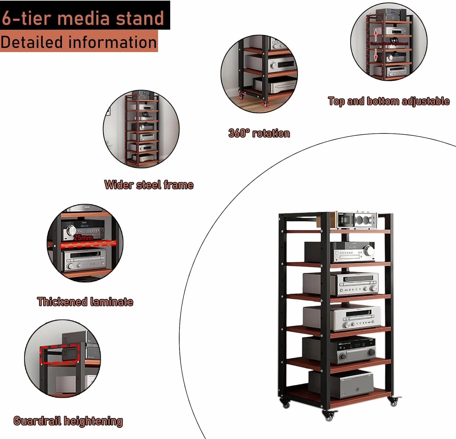 6 Tier Audio Rack Tower, CD Record Player Stereo Receiver AV Equipment Cabinet Display Rack, Weight capacity 661 lbs, with Adjustable Wooden Shelves for Home (TEAKWOOD, 6 TIER 4719.715.7IN)