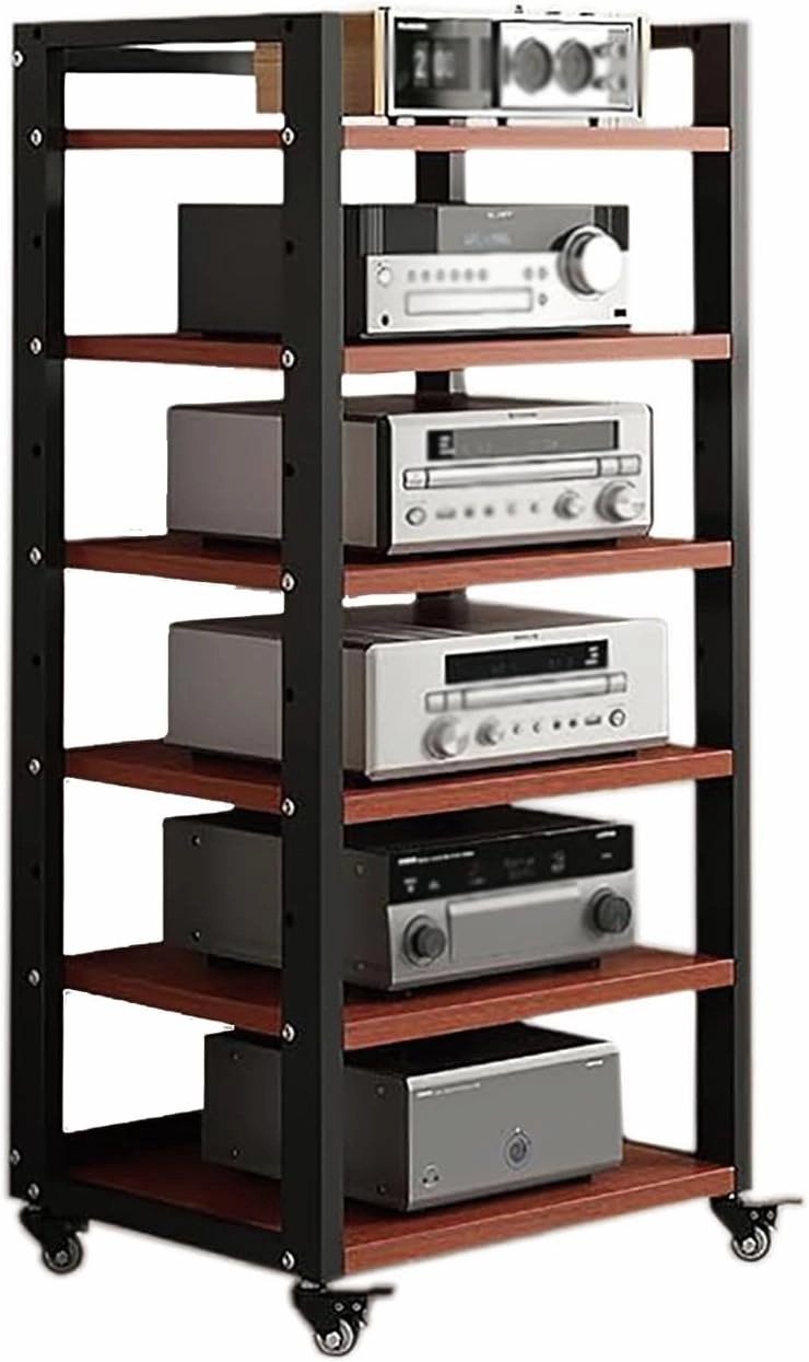 6 Tier Audio Rack Tower, CD Record Player Stereo Receiver AV Equipment Cabinet Display Rack, Weight capacity 661 lbs, with Adjustable Wooden Shelves for Home (TEAKWOOD, 6 TIER 4719.715.7IN)