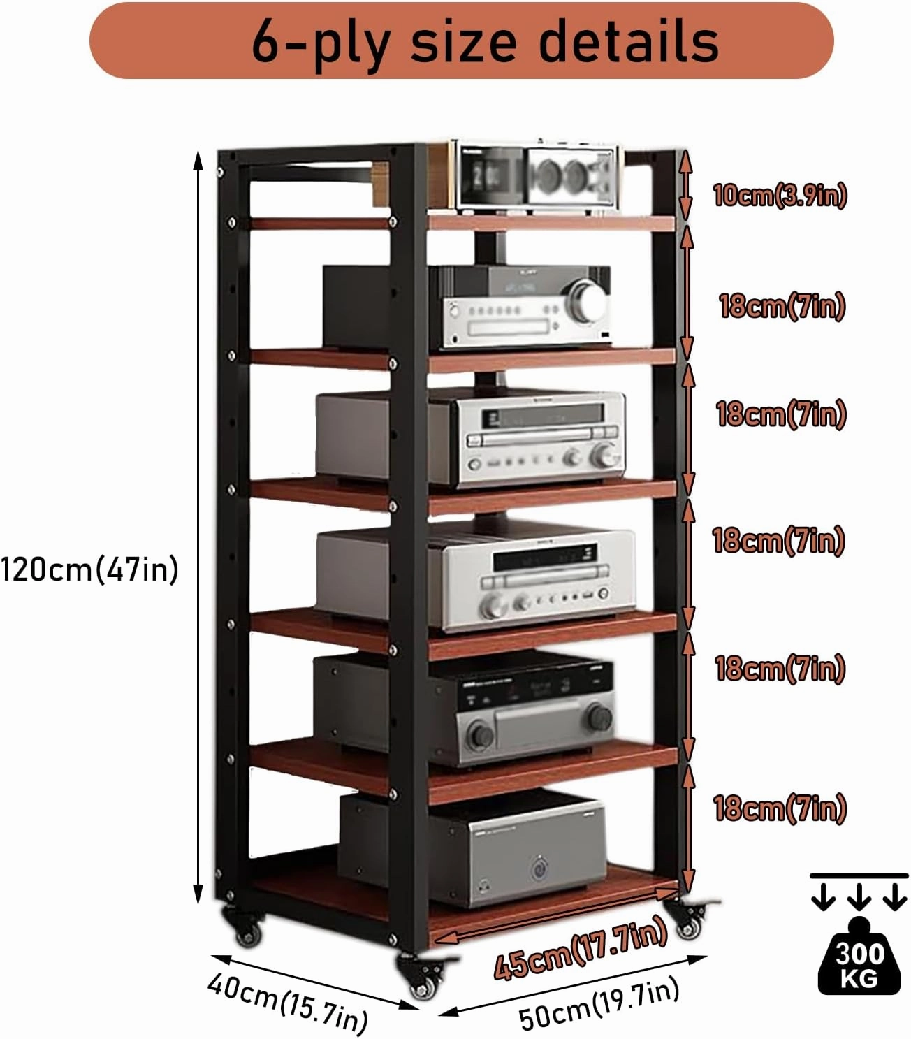 6 Tier Audio Rack Tower, CD Record Player Stereo Receiver AV Equipment Cabinet Display Rack, Weight capacity 661 lbs, with Adjustable Wooden Shelves for Home (TEAKWOOD, 6 TIER 4719.715.7IN)