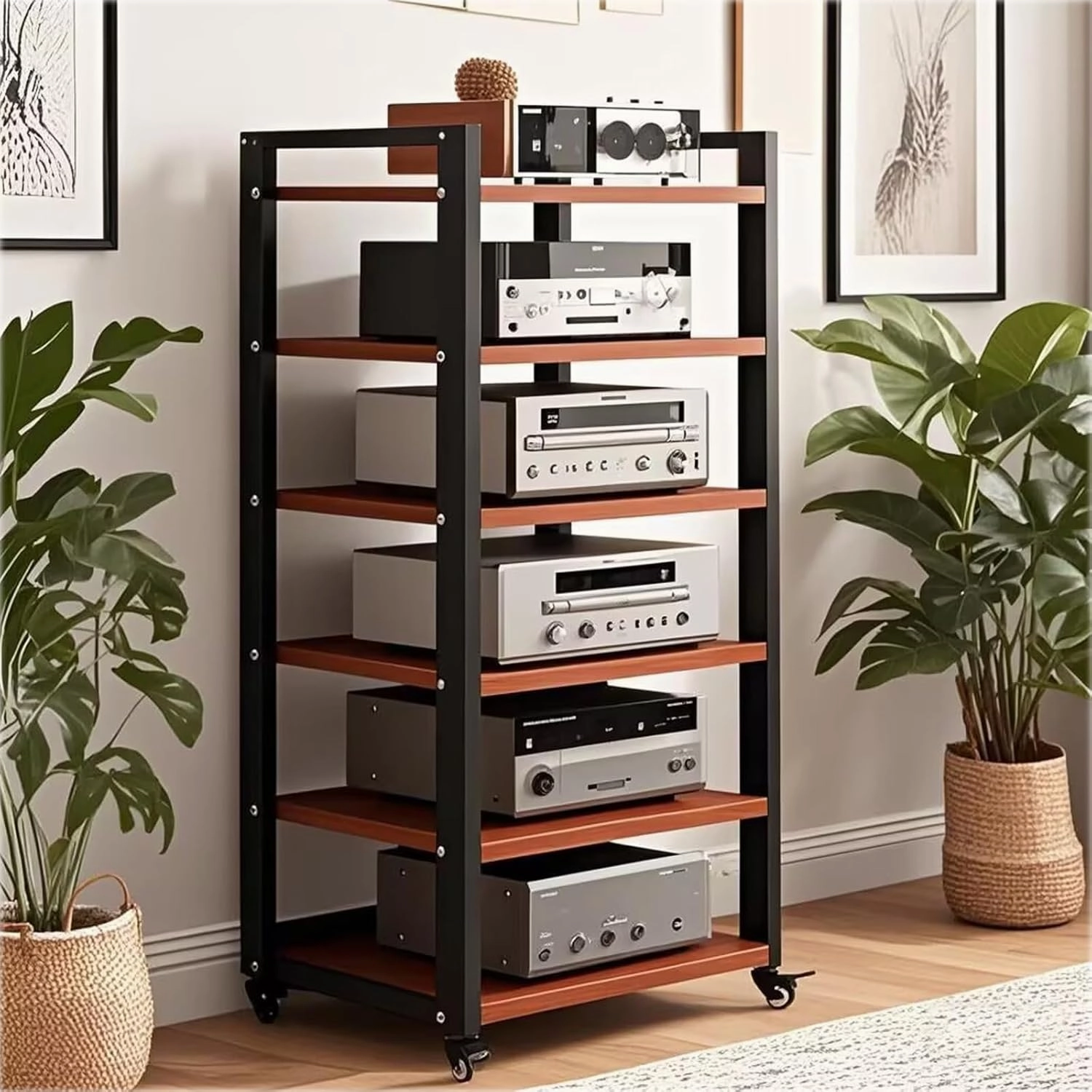 6 Tier Audio Rack Tower, CD Record Player Stereo Receiver AV Equipment Cabinet Display Rack, Weight capacity 661 lbs, with Adjustable Wooden Shelves for Home (TEAKWOOD, 6 TIER 4719.715.7IN)