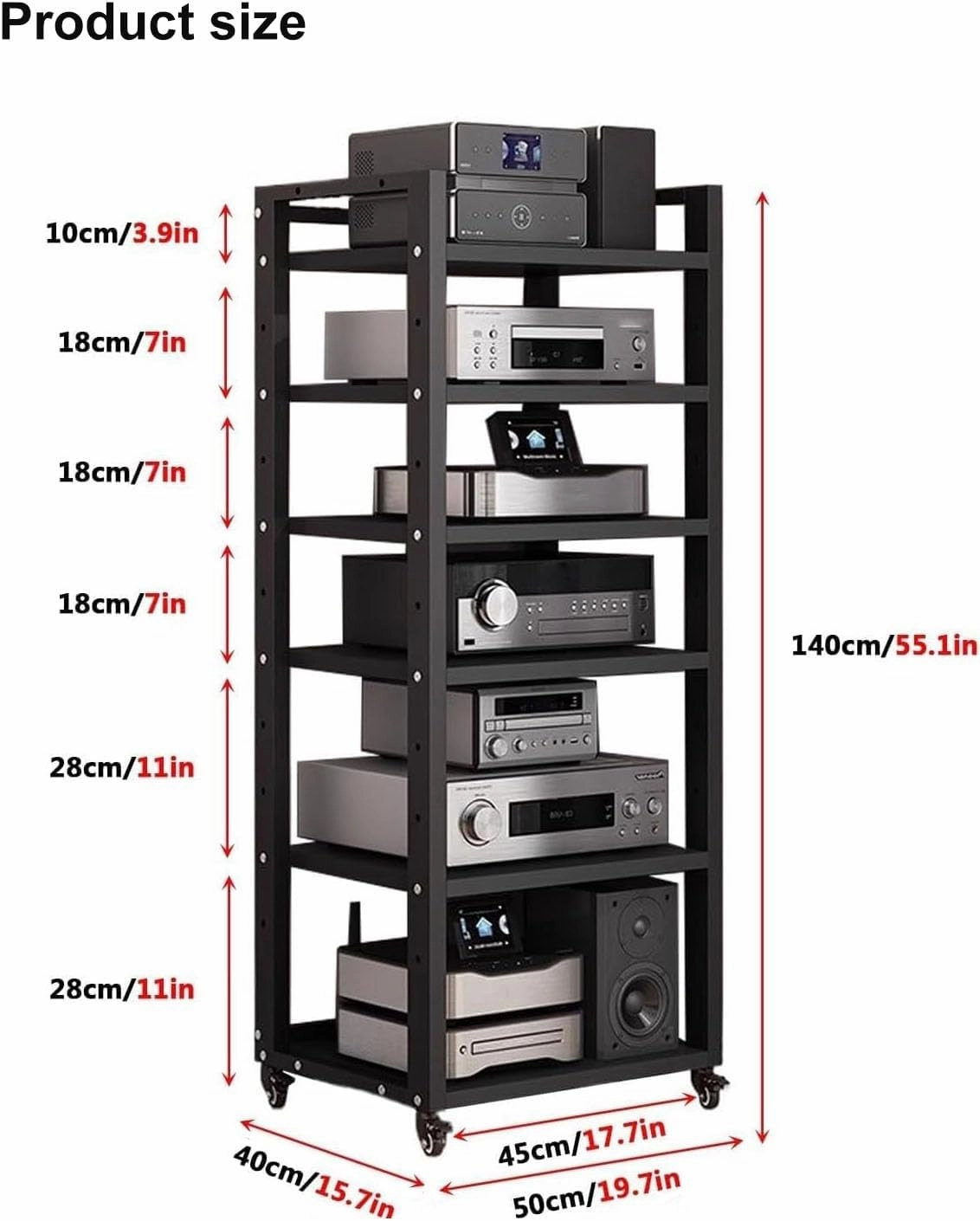 6 Tier Audio Rack Tower, Corner TV Console and AV Media Components Cabinet, Heavy Duty Stereo Racks and Stands with Adjustable Wooden Shelf for Home/Office/Theater(A)