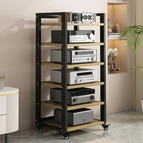 6 Tier AV Media Stand, Movable Record Player DVD CD Audio Rack Tower Holder, Adjustable Entertainment Video Game Equipment Cabinet Shelf for Home/Office/Theater (Wood Color) audio rack,hi-fi component stand,media shelf,