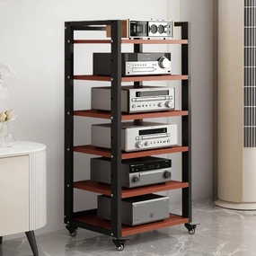 6 Tier AV Media Stand, Movable Record Player DVD CD Audio Rack Tower Holder, Adjustable Entertainment Video Game Equipment Console Shelf for Home/Office/Theater (Brown) audio rack,hi-fi component stand,media shelf,