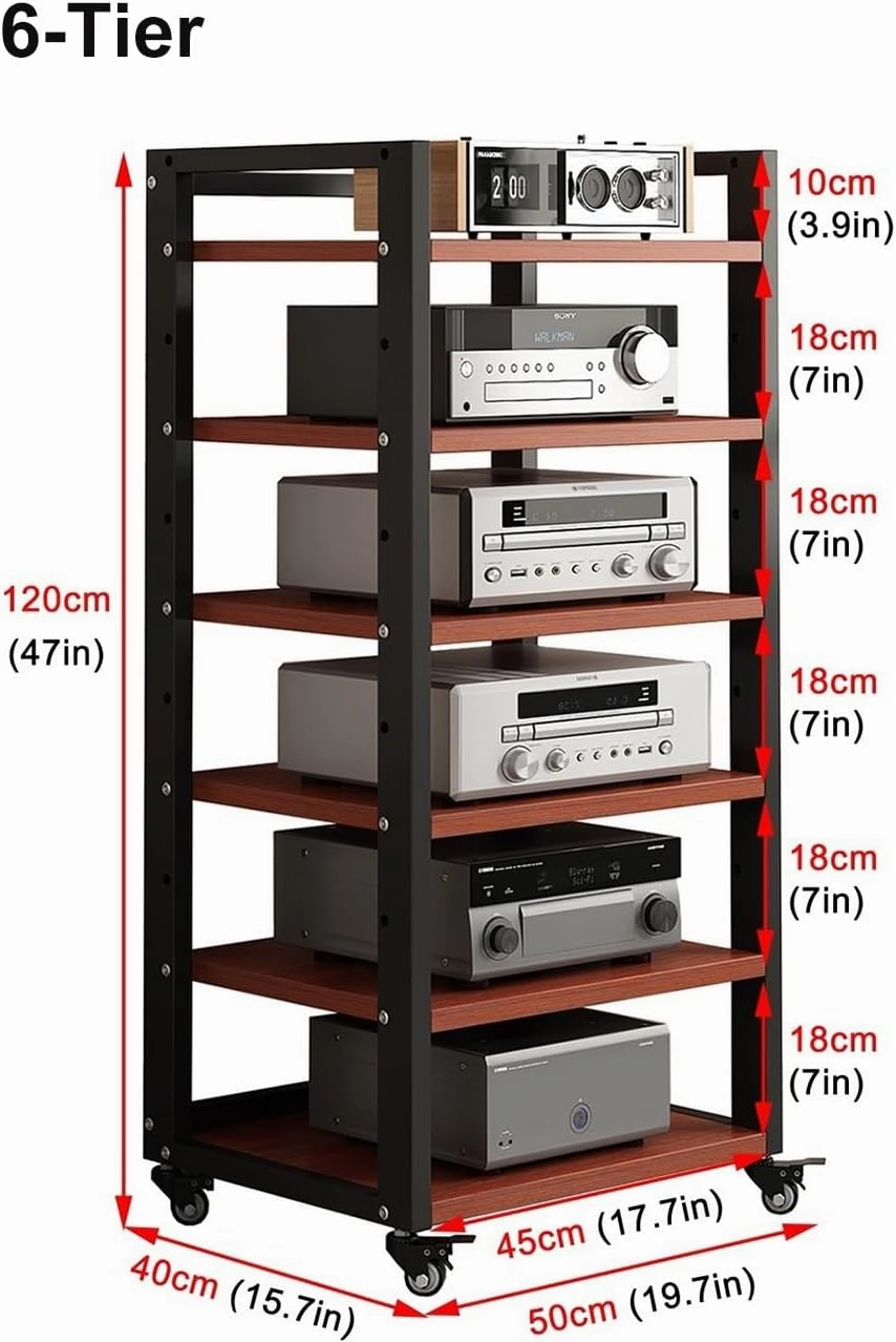 6 Tier AV Media Stand, Movable Record Player DVD CD Audio Rack Tower Holder, Adjustable Entertainment Video Game Equipment Console Shelf for Home/Office/Theater (Brown)