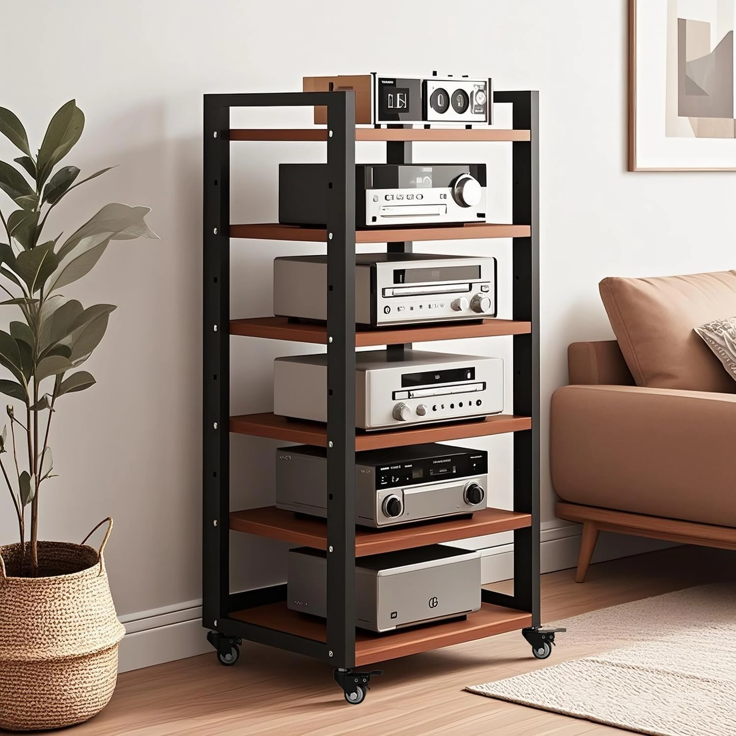 6 Tier AV Media Stand, Movable Record Player DVD CD Audio Rack Tower Holder, Adjustable Entertainment Video Game Equipment Console Shelf for Home/Office/Theater (Brown)