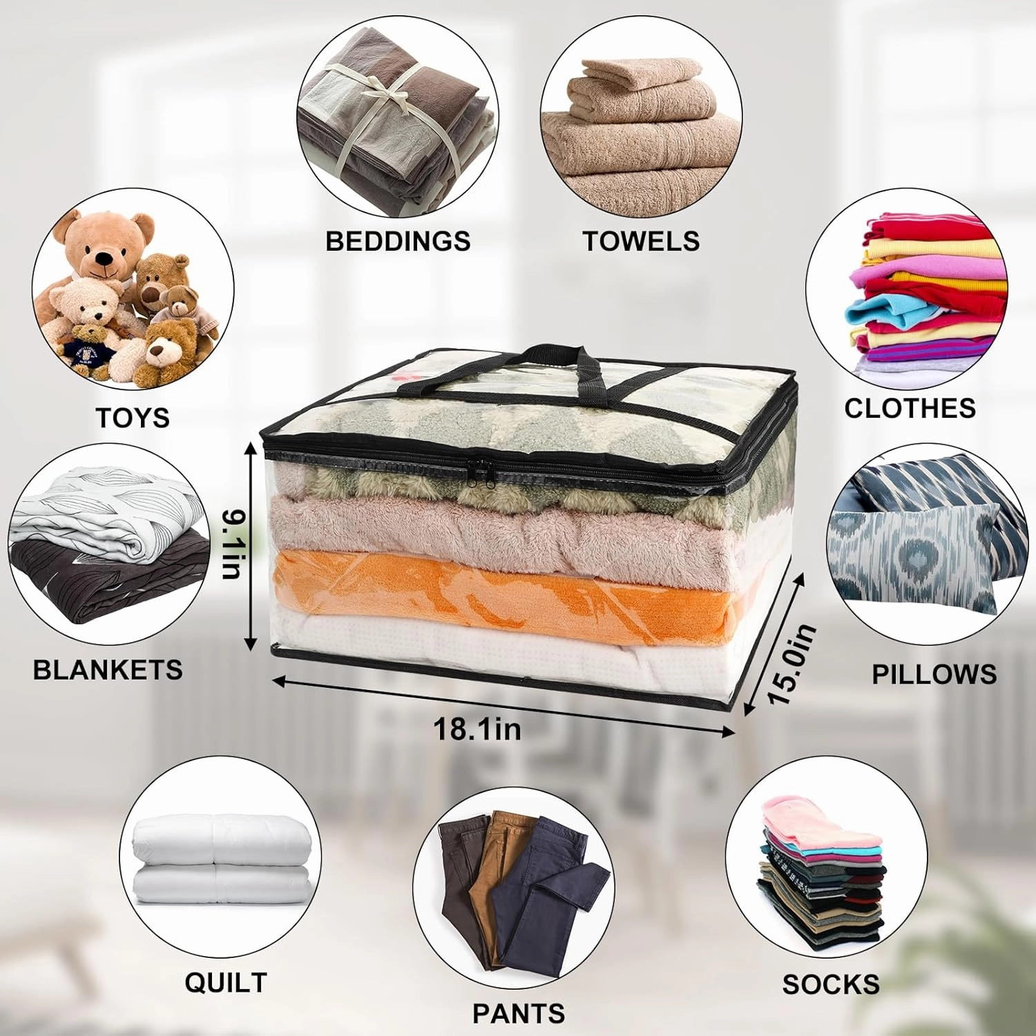 6Pack Clear Blanket Storage Bags, Vinyl Comforter Clothes Storage Closet Organizers and Storage Containers Moving Bags with Reinforced Handle for Bedding, Clothing, Comforters, Pillows, Toys,40L