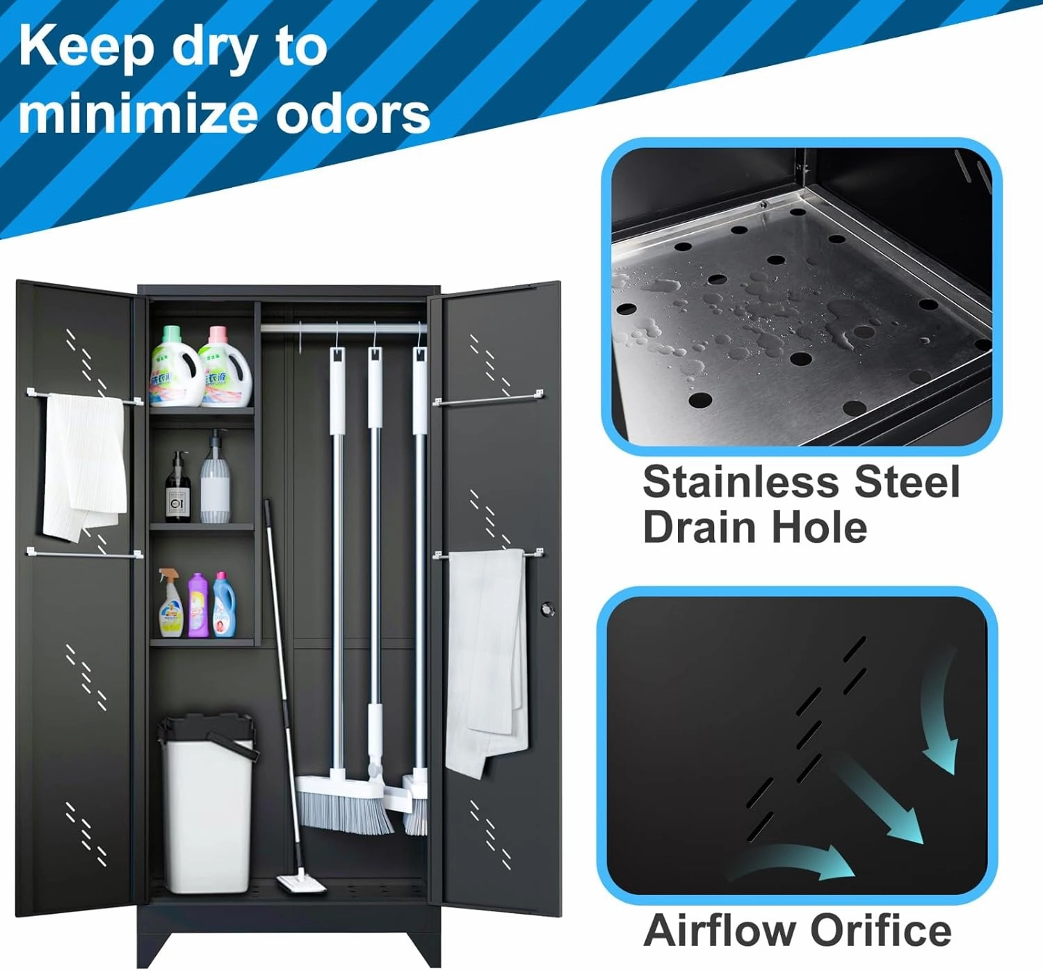 75" Metal Storage Cabinet, Tool Cabinet with Hooks, Garage Storage Cabinet with Lock, Heavy-Duty Tool Cabinet for Utility Room, Gym, Basement, Broom Closet Cabinet, Black