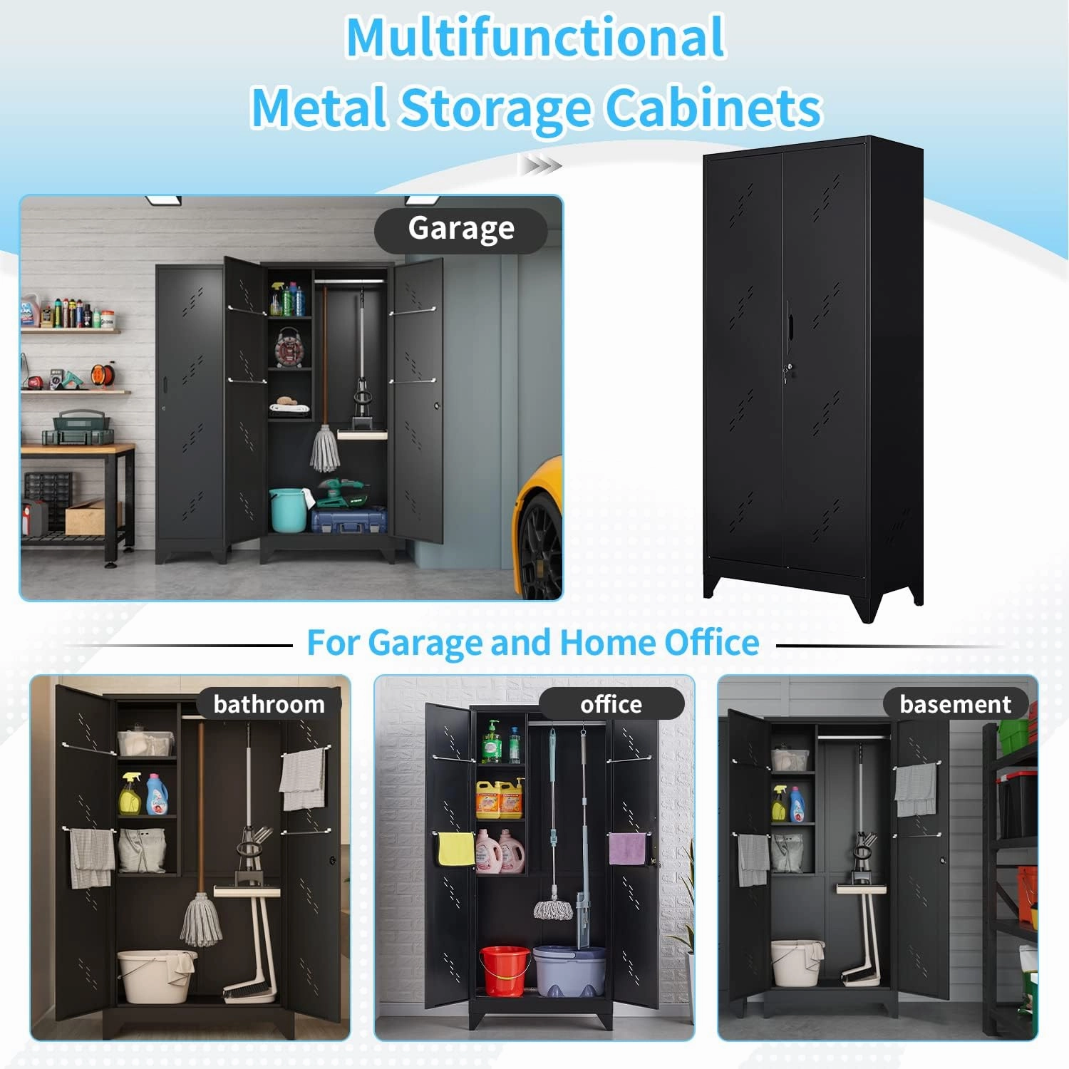 75" Metal Storage Cabinet, Tool Cabinet with Hooks, Garage Storage Cabinet with Lock, Heavy-Duty Tool Cabinet for Utility Room, Gym, Basement, Broom Closet Cabinet, Black