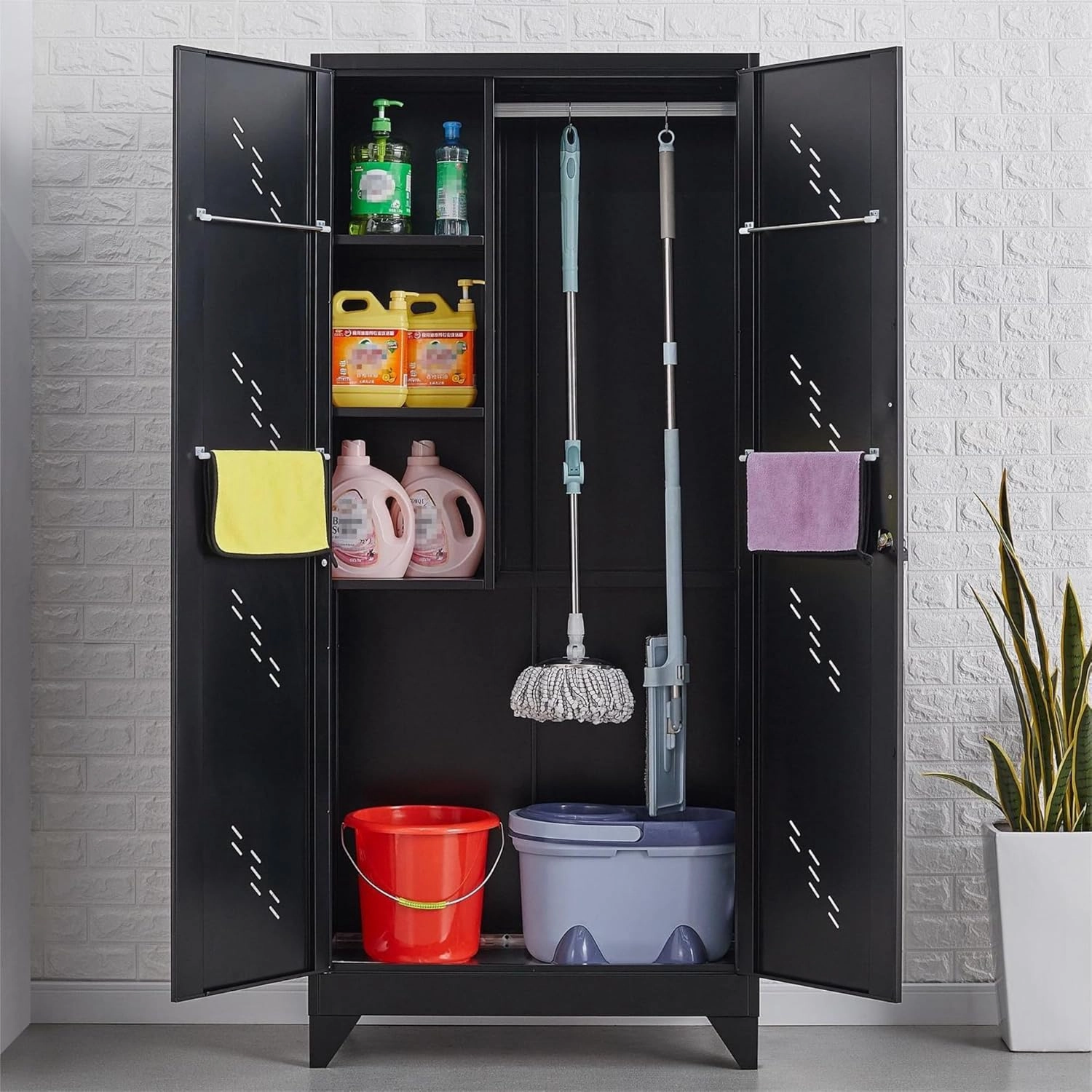 75" Metal Storage Cabinet, Tool Cabinet with Hooks, Garage Storage Cabinet with Lock, Heavy-Duty Tool Cabinet for Utility Room, Gym, Basement, Broom Closet Cabinet, Black