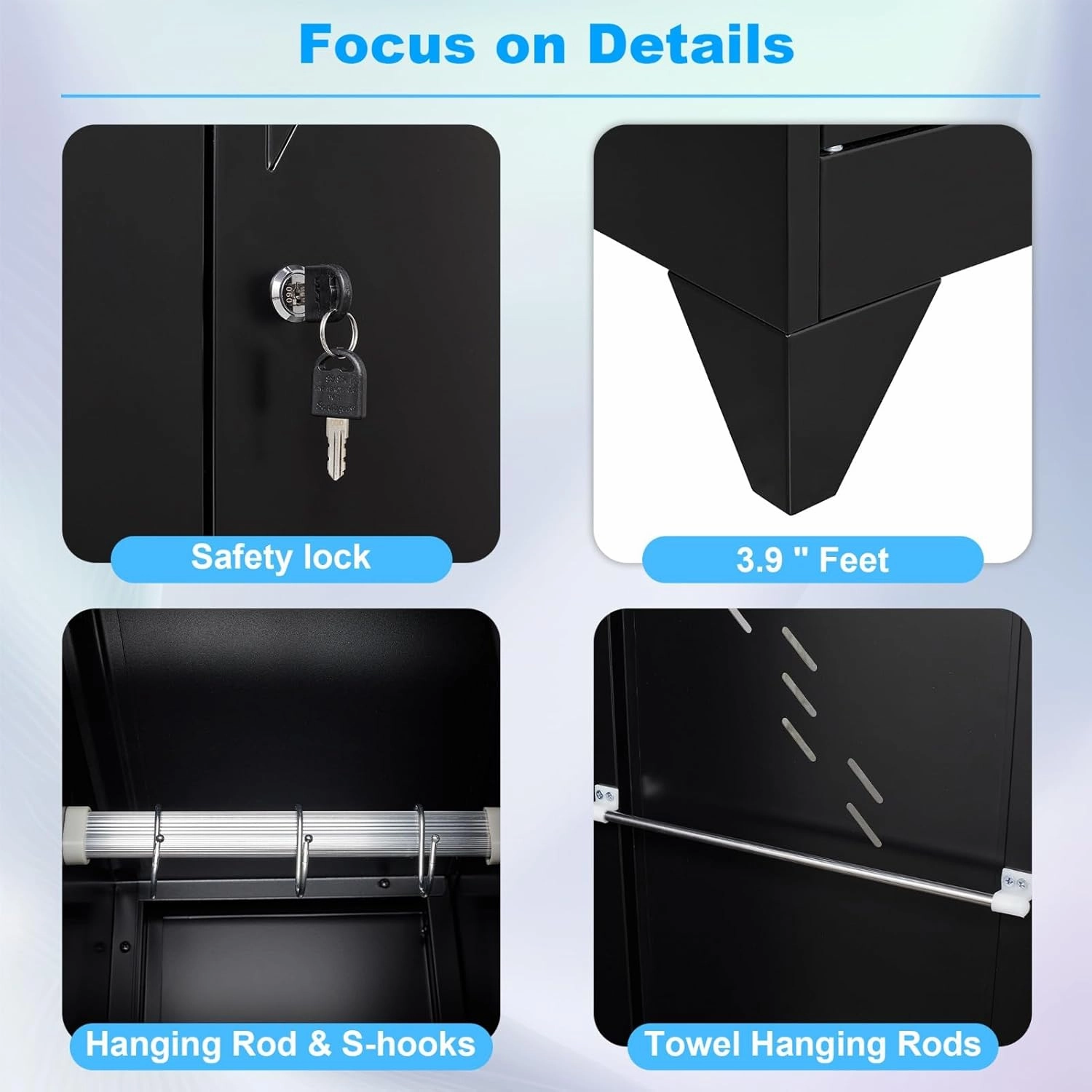 75" Metal Storage Cabinet, Tool Cabinet with Hooks, Garage Storage Cabinet with Lock, Heavy-Duty Tool Cabinet for Utility Room, Gym, Basement, Broom Closet Cabinet, Black