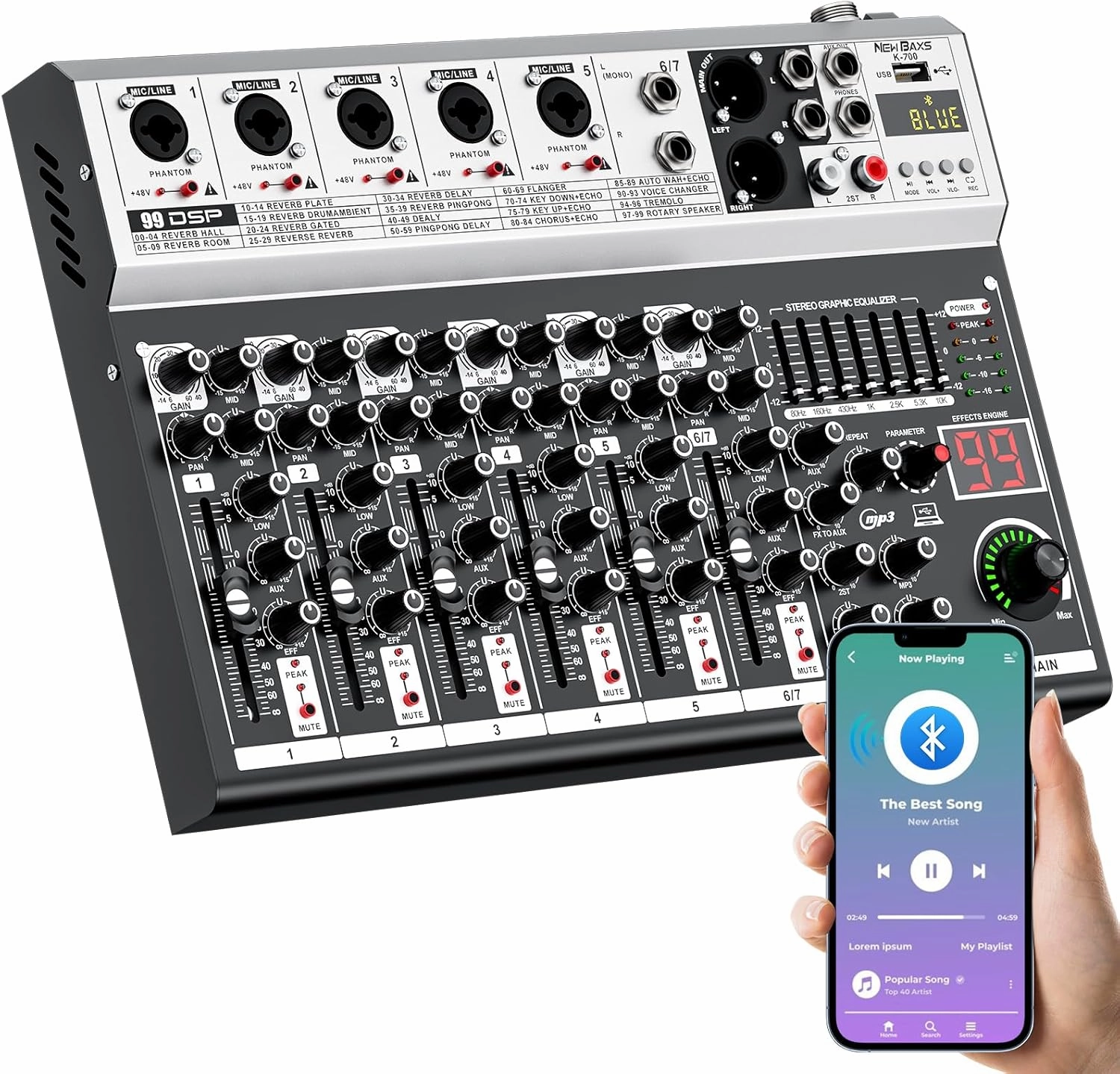 7 Channel DJ Audio Mixer Interface USB, NEW BAXS Audio Mixer Sound Board Mixing Console with Bluetooth MP3 Computer Input  48V Phantom Power Mixer Audio For Karaoke Dj Mixer Stage Streaming Studio mixer console,audio mixing desk,DJ console,