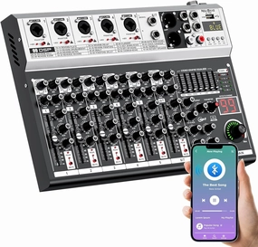 7 Channel DJ Audio Mixer Interface USB, NEW BAXS Audio Mixer Sound Board Mixing Console with Bluetooth MP3 Computer Input  48V Phantom Power Mixer Audio For Karaoke Dj Mixer Stage Streaming Studio mixer console,audio mixing desk,DJ console,