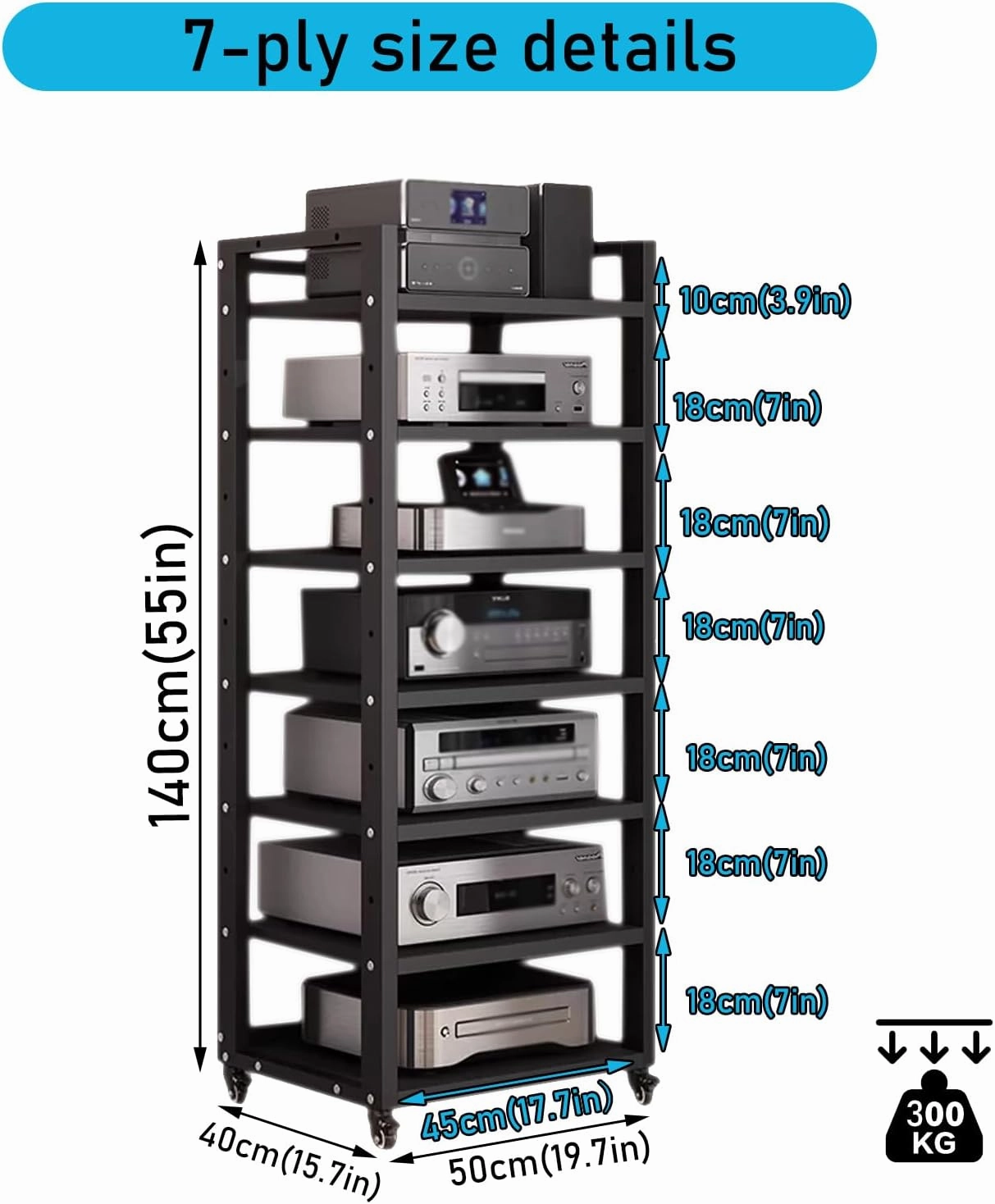 7 Tier Audio Rack Tower, CD Record Player Stereo Receiver AV Equipment Cabinet Display Rack, Weight Capacity 661 lbs, with Adjustable Wooden Shelves for Home (BIACK, 7 Tier 5519.715.7IN)