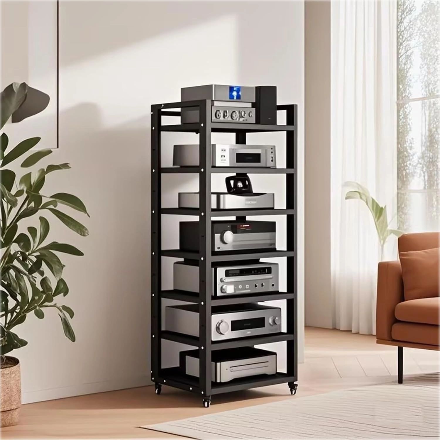 7 Tier Audio Rack Tower, CD Record Player Stereo Receiver AV Equipment Cabinet Display Rack, Weight Capacity 661 lbs, with Adjustable Wooden Shelves for Home (BIACK, 7 Tier 5519.715.7IN)
