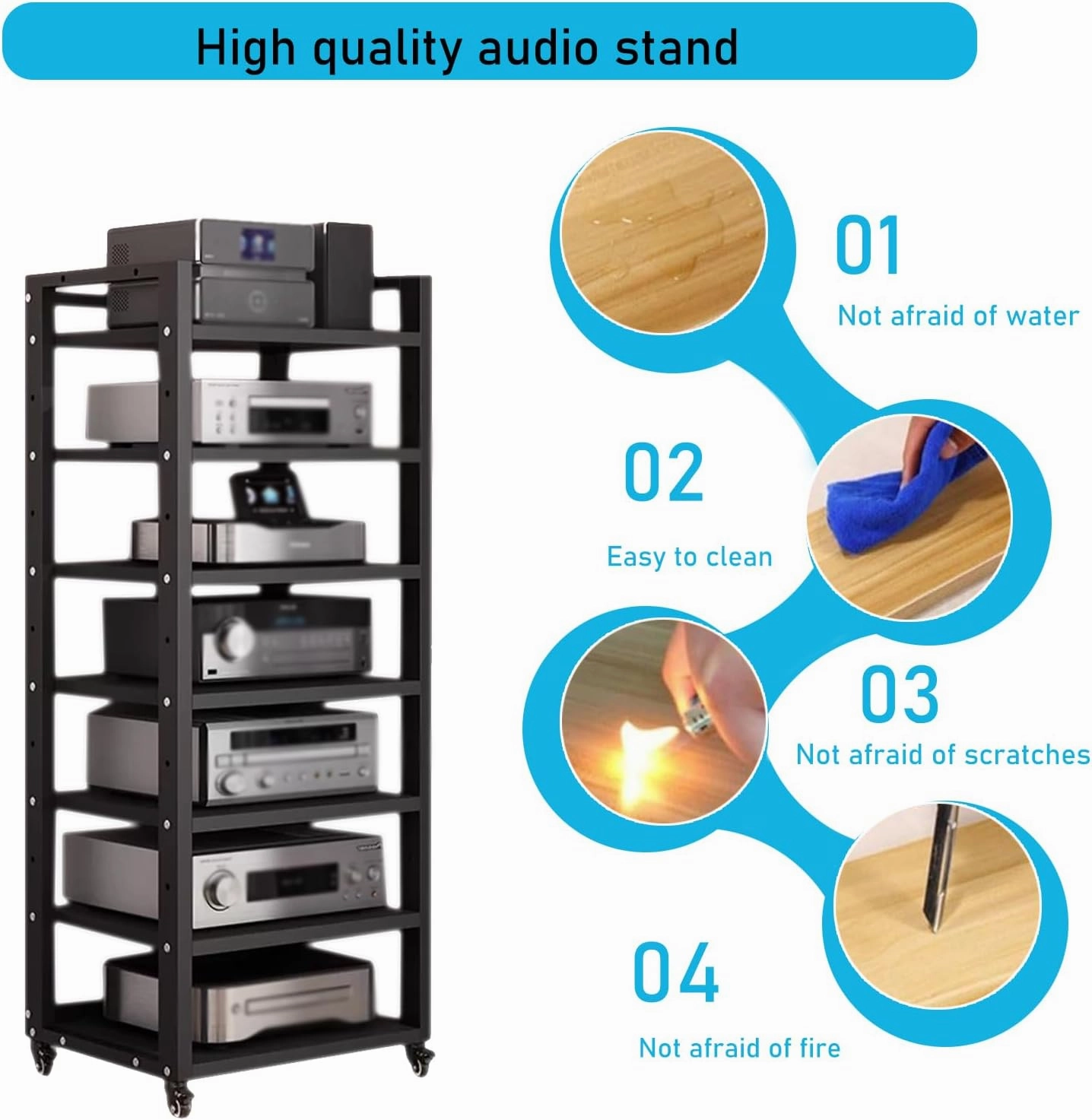 7 Tier Audio Rack Tower, CD Record Player Stereo Receiver AV Equipment Cabinet Display Rack, Weight Capacity 661 lbs, with Adjustable Wooden Shelves for Home (BIACK, 7 Tier 5519.715.7IN)