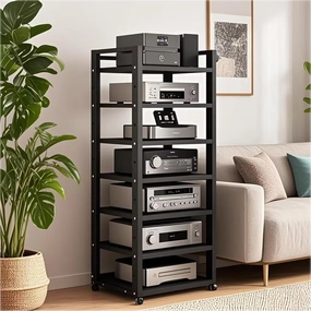 7 Tier Audio Rack Tower, CD Record Player Stereo Receiver AV Equipment Cabinet Display Rack, Weight Capacity 661 lbs, with Adjustable Wooden Shelves for Home (BIACK, 7 Tier 5519.715.7IN) audio rack,hi-fi component stand,media shelf,