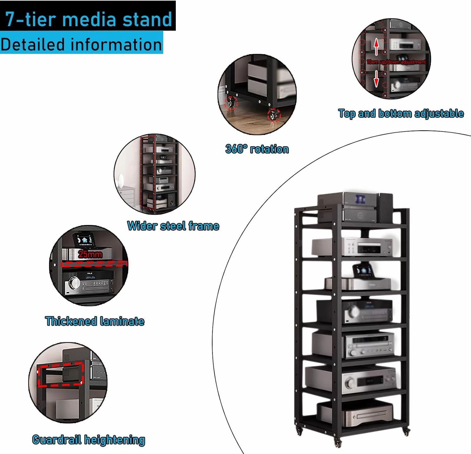 7 Tier Audio Rack Tower, CD Record Player Stereo Receiver AV Equipment Cabinet Display Rack, Weight Capacity 661 lbs, with Adjustable Wooden Shelves for Home (BIACK, 7 Tier 5519.715.7IN)