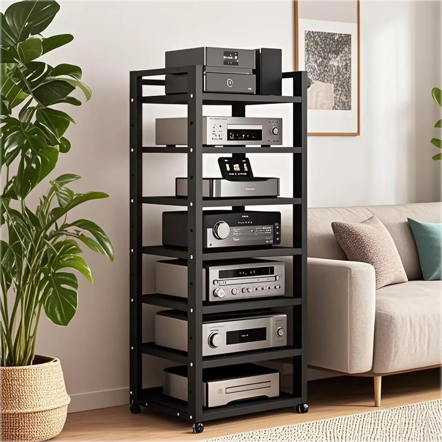 7 Tier Audio Rack Tower, CD Record Player Stereo Receiver AV Equipment Cabinet Display Rack, Weight Capacity 661 lbs, with Adjustable Wooden Shelves for Home (BIACK, 7 Tier 5519.715.7IN) audio rack,hi-fi component stand,media shelf,