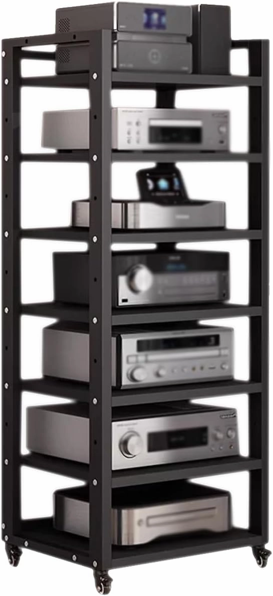 7 Tier Audio Rack Tower, CD Record Player Stereo Receiver AV Equipment Cabinet Display Rack, Weight Capacity 661 lbs, with Adjustable Wooden Shelves for Home (BIACK, 7 Tier 5519.715.7IN)