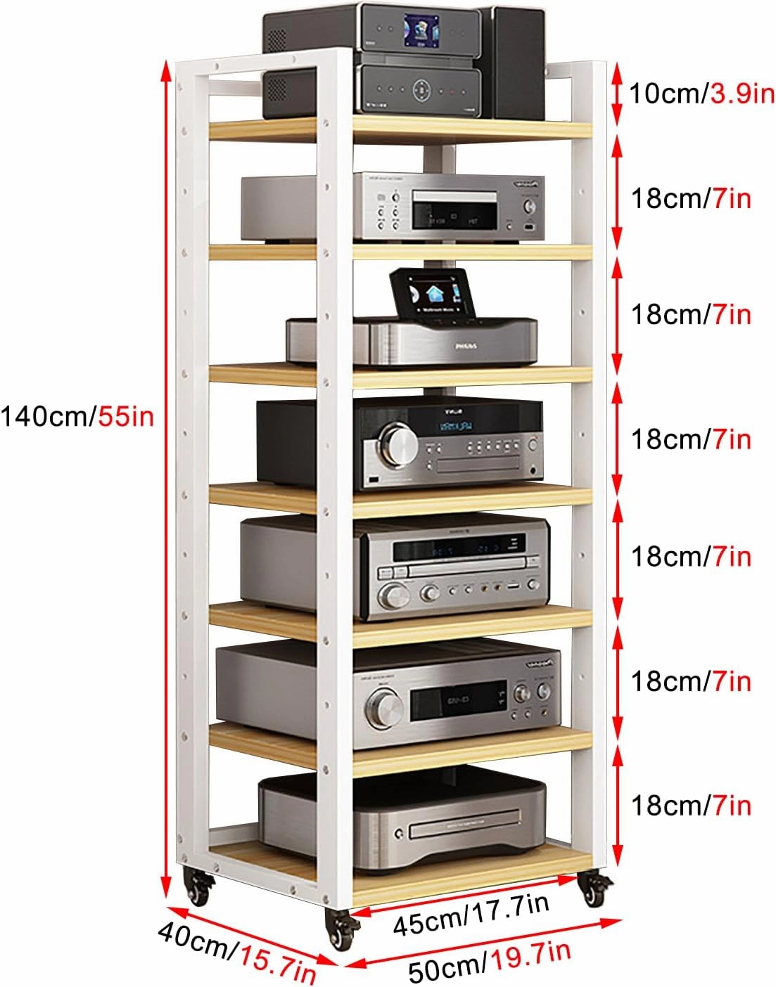 7-Tier Heavy Duty Audio Component Rack, 140cm Tall - HiFi Amplifier Rack/Audio-Video Shelving - CD Record Player Stereo Receiver AV Equipment Cabinet Display Stand(A)