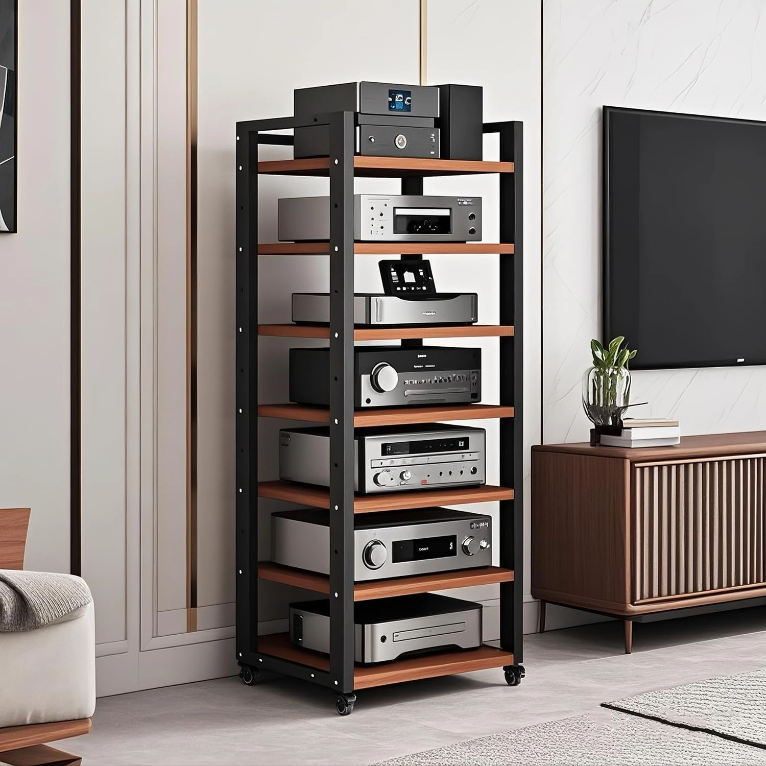 7-Tier Heavy Duty Audio Component Rack, 140cm Tall - HiFi Amplifier Rack/Audio-Video Shelving - CD Record Player Stereo Receiver AV Equipment Cabinet Display Stand(B)