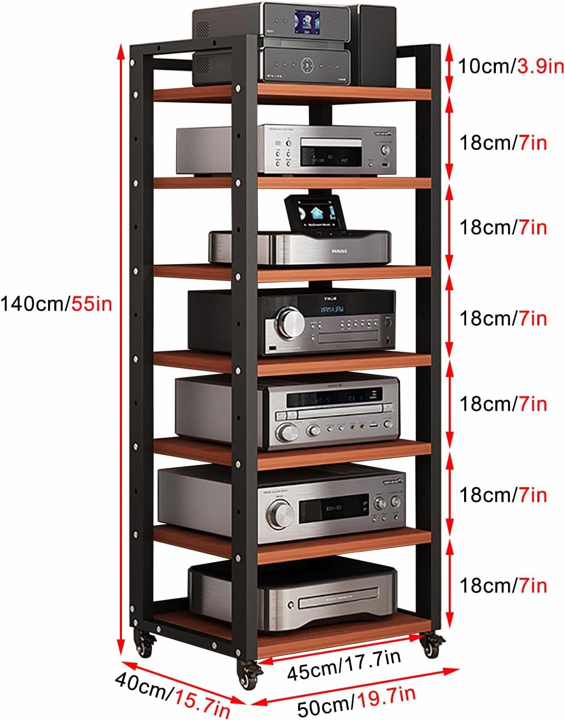 7-Tier Heavy Duty Audio Component Rack, 140cm Tall - HiFi Amplifier Rack/Audio-Video Shelving - CD Record Player Stereo Receiver AV Equipment Cabinet Display Stand(B)