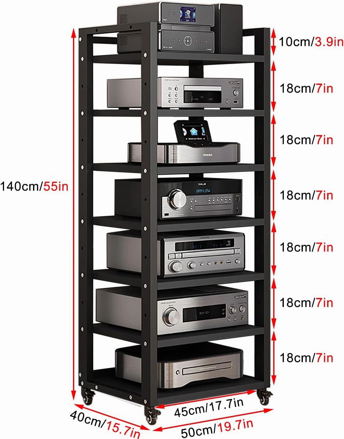 7-Tier Heavy Duty Audio Component Rack, 140cm Tall - HiFi Amplifier Rack/Audio-Video Shelving - CD Record Player Stereo Receiver AV Equipment Cabinet Display Stand(C)