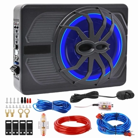 800W Under Seat Powered Car Subwoofer, Built-in Amplifier, Wiring Kit, High & Low Level Input, Blue Mood Lights, Remote Control (8" Speaker, 10" Sub) audiophile subwoofer,active subwoofer,low frequency speaker,