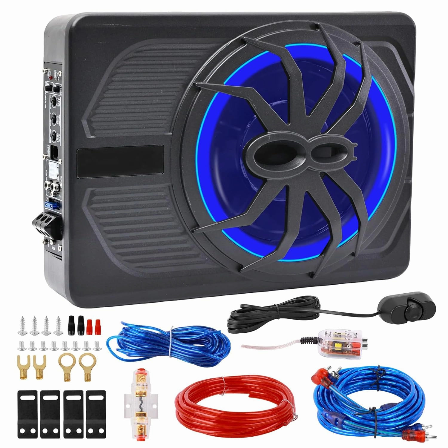 800W Under Seat Powered Car Subwoofer, Built-in Amplifier, Wiring Kit, High & Low Level Input, Blue Mood Lights, Remote Control (8" Speaker, 10" Sub) audiophile subwoofer,active subwoofer,low frequency speaker,
