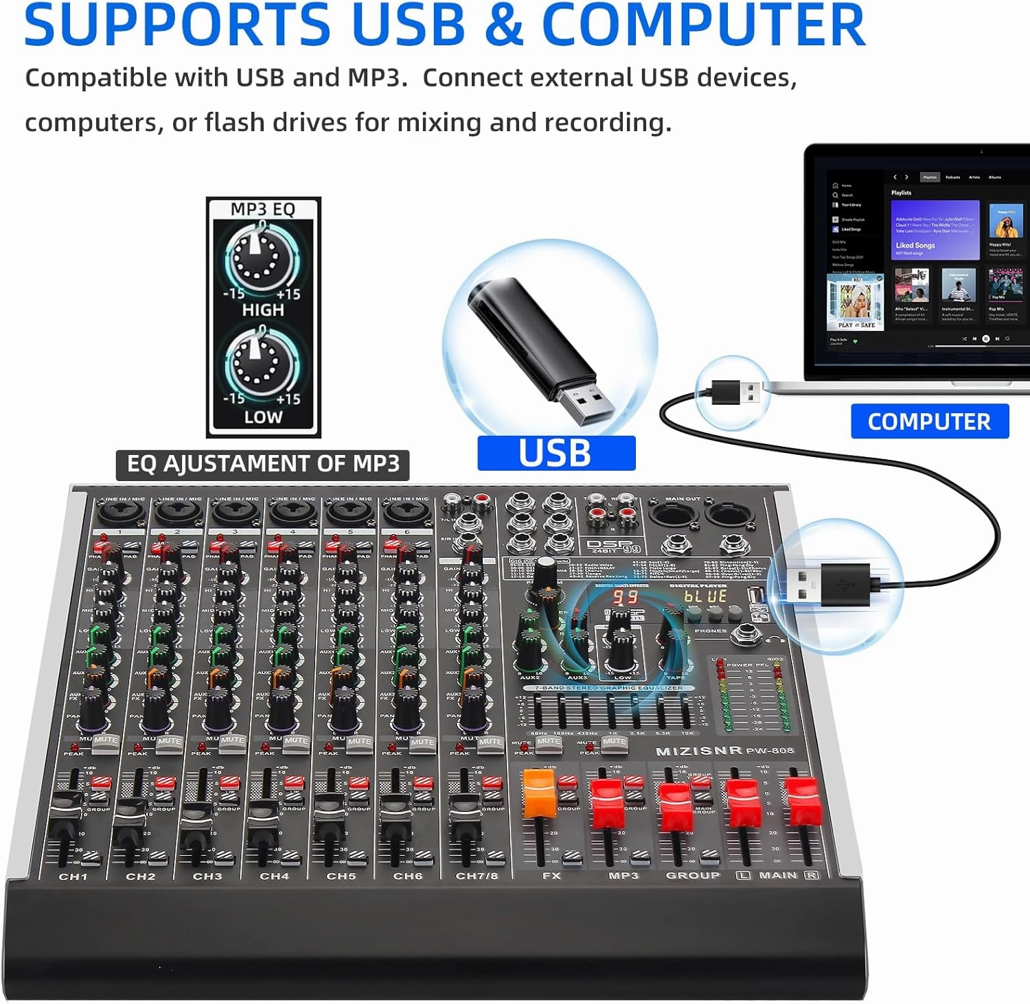 8 Channel Audio Mixer Professional Sound Mixing Board with 99 DSP Effects, 7-band EQ Digital DJ Mixer Console w/USB Bluetooth MP3 for Recording, Independent 48V Power & Mute Button